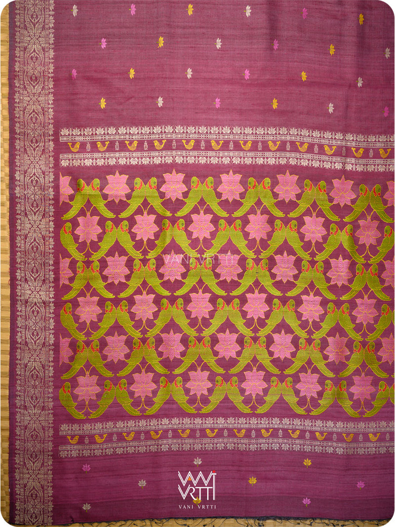 Deep Burgundy Pink Lotus Parrot Jaal Designer Exclusive Handspun Handwoven Tussar Silk Saree
