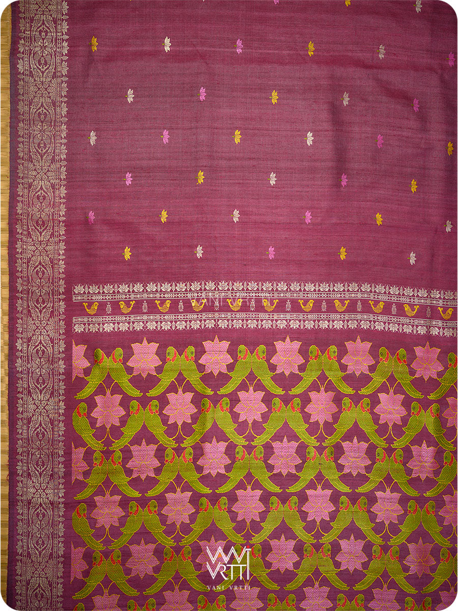 Deep Burgundy Pink Lotus Parrot Jaal Designer Exclusive Handspun Handwoven Tussar Silk Saree