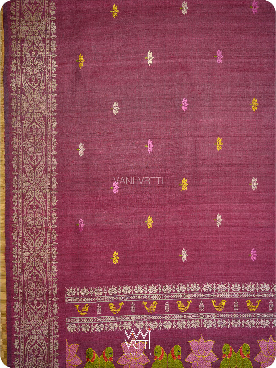 Deep Burgundy Pink Lotus Parrot Jaal Designer Exclusive Handspun Handwoven Tussar Silk Saree