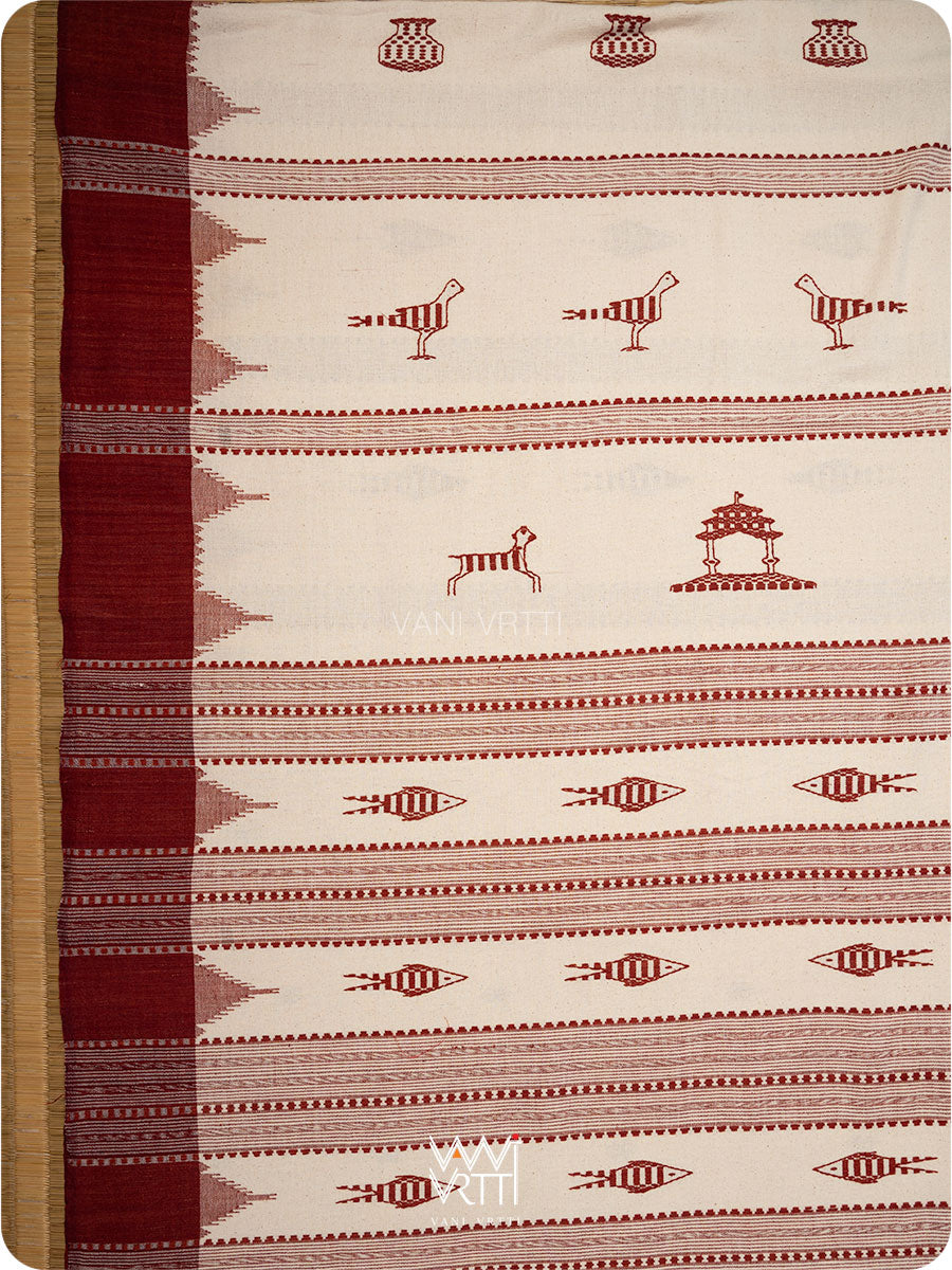 Off White Madder Maroon Tribal Masterweave Kotpad Sari