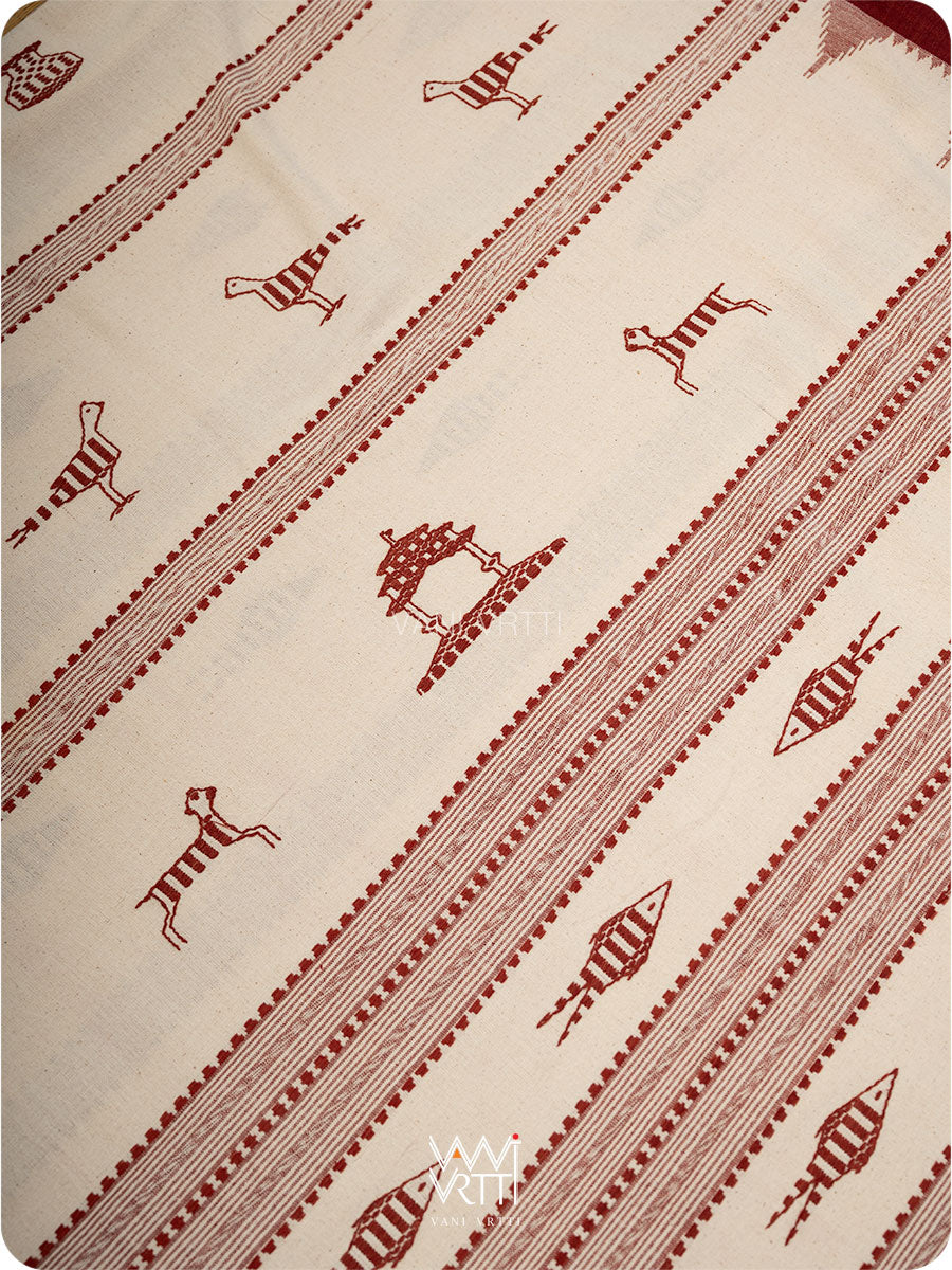 Off White Madder Maroon Tribal Masterweave Kotpad Sari