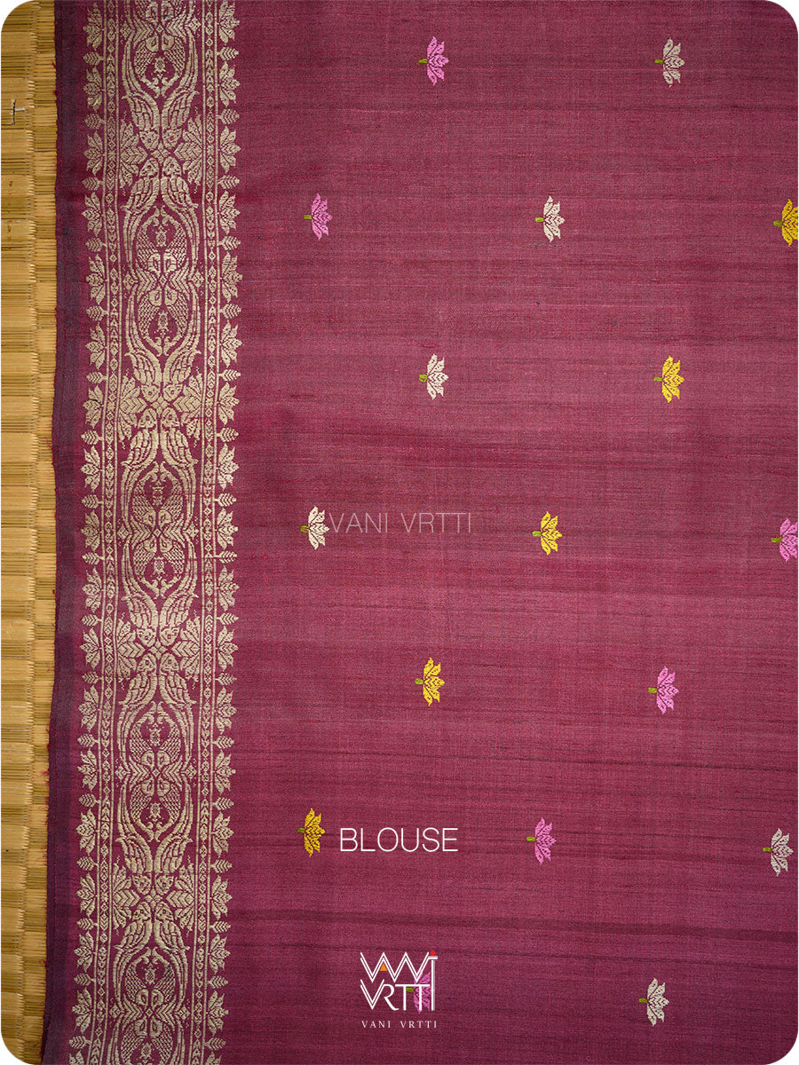 Deep Burgundy Pink Lotus Parrot Jaal Designer Exclusive Handspun Handwoven Tussar Silk Saree