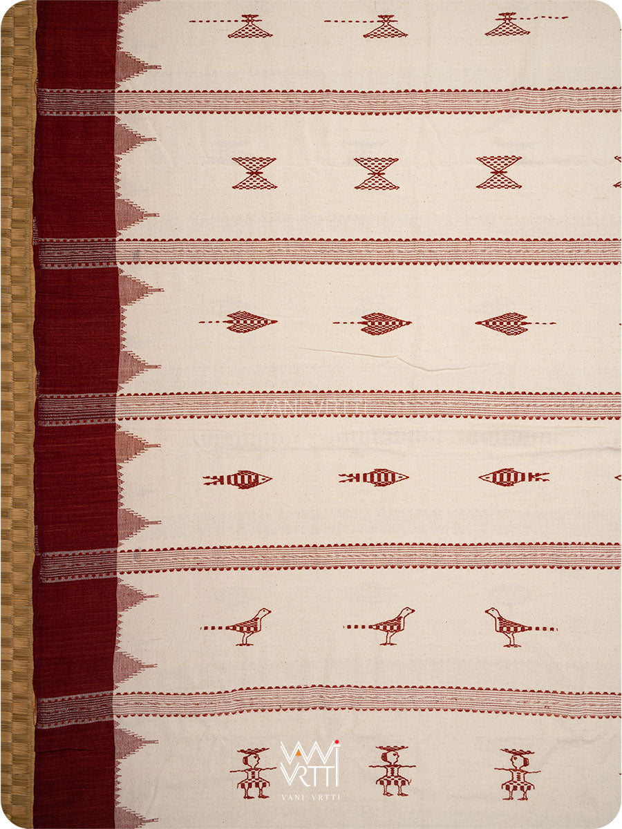 Off White Madder Maroon Tribal Masterweave Kotpad Sari