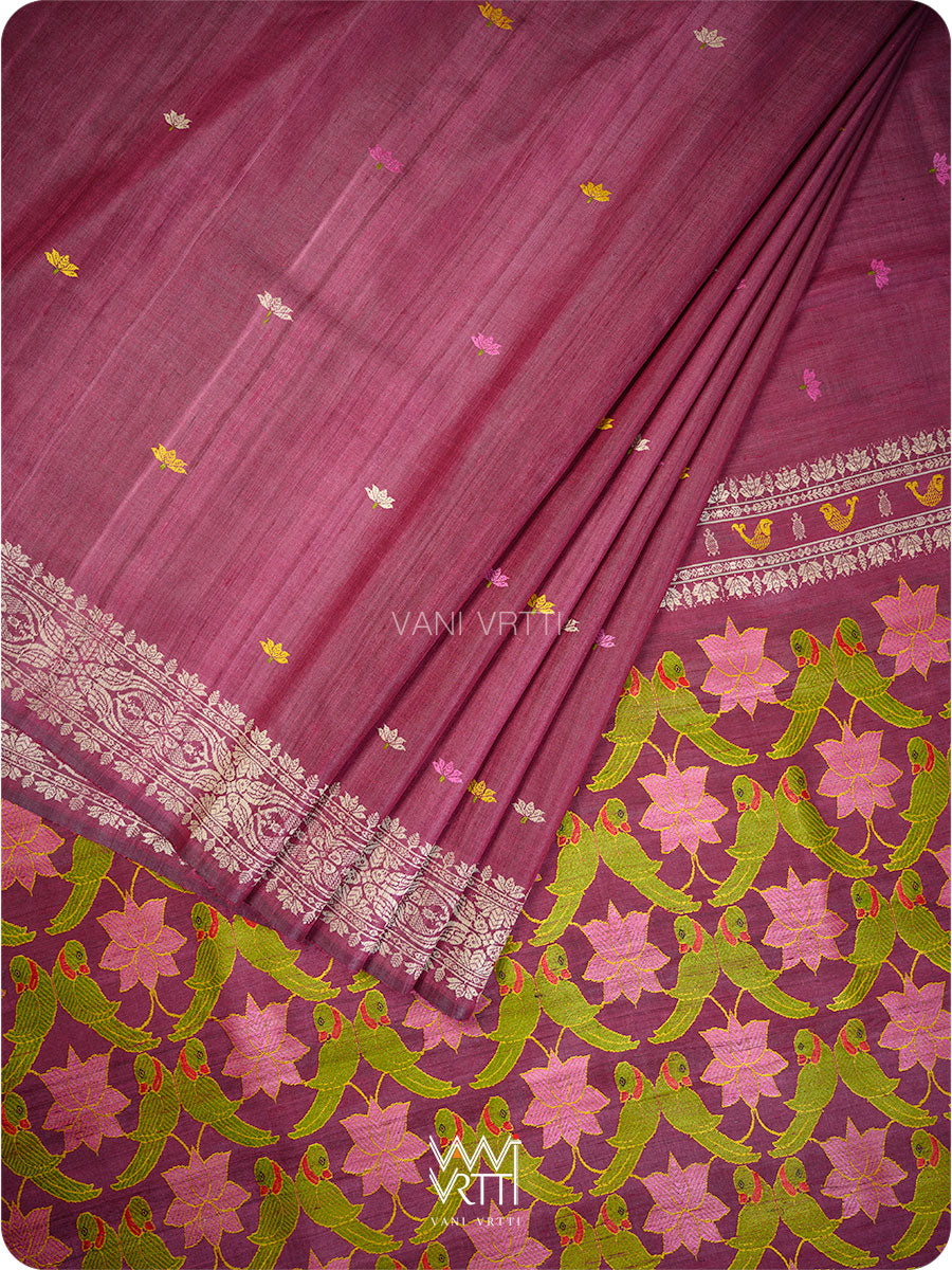 Deep Burgundy Pink Lotus Parrot Jaal Designer Exclusive Handspun Handwoven Tussar Silk Saree