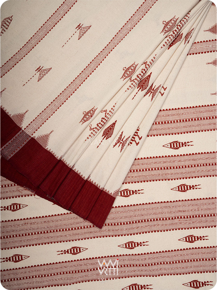 Off White Madder Maroon Tribal Masterweave Kotpad Sari