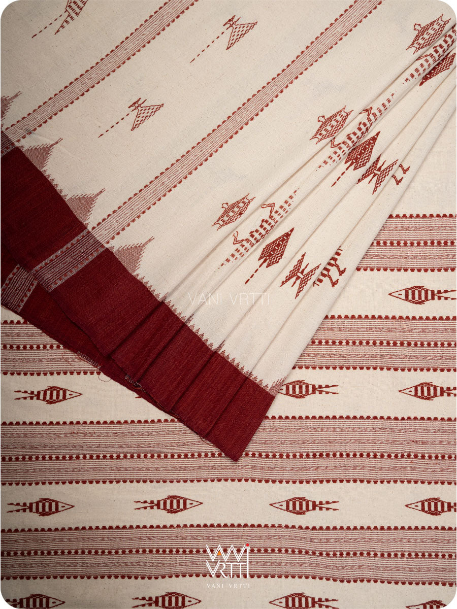 Off White Madder Maroon Tribal Masterweave Kotpad Sari