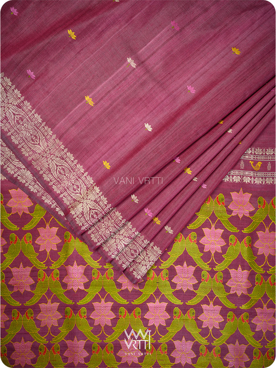 Deep Burgundy Pink Lotus Parrot Jaal Designer Exclusive Handspun Handwoven Tussar Silk Saree