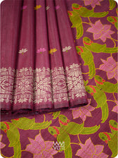 Deep Burgundy Pink Lotus Parrot Jaal Designer Exclusive Handspun Handwoven Tussar Silk Saree