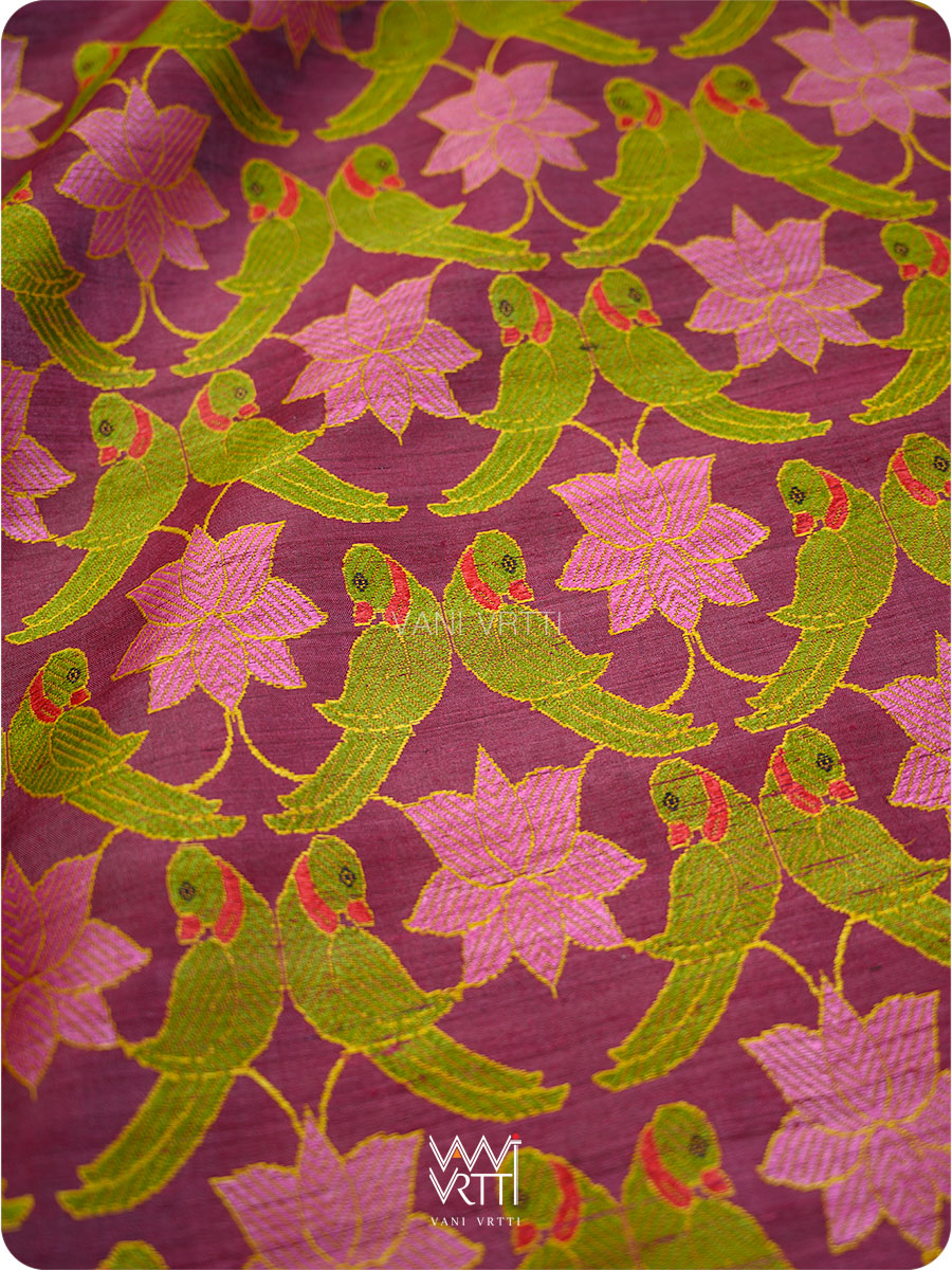Deep Burgundy Pink Lotus Parrot Jaal Designer Exclusive Handspun Handwoven Tussar Silk Saree