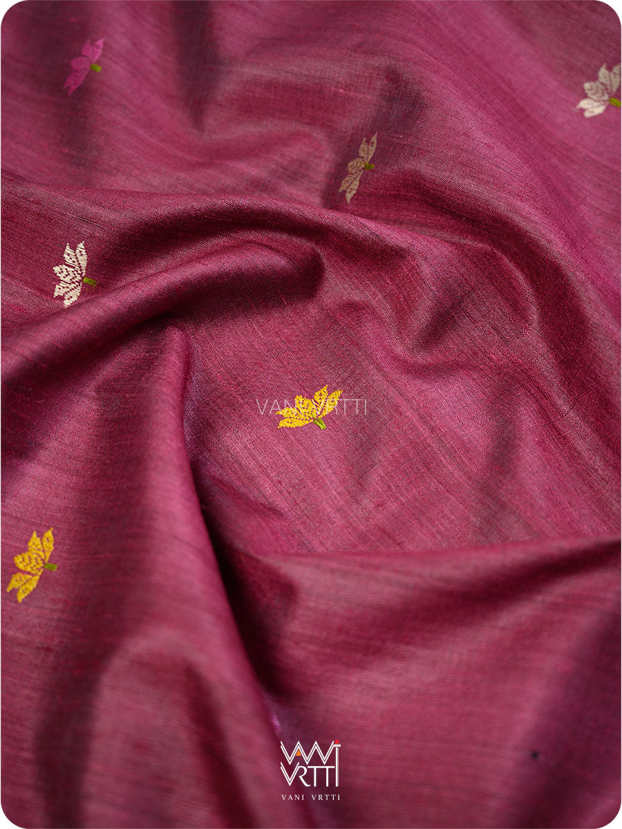 Deep Burgundy Pink Lotus Parrot Jaal Designer Exclusive Handspun Handwoven Tussar Silk Saree