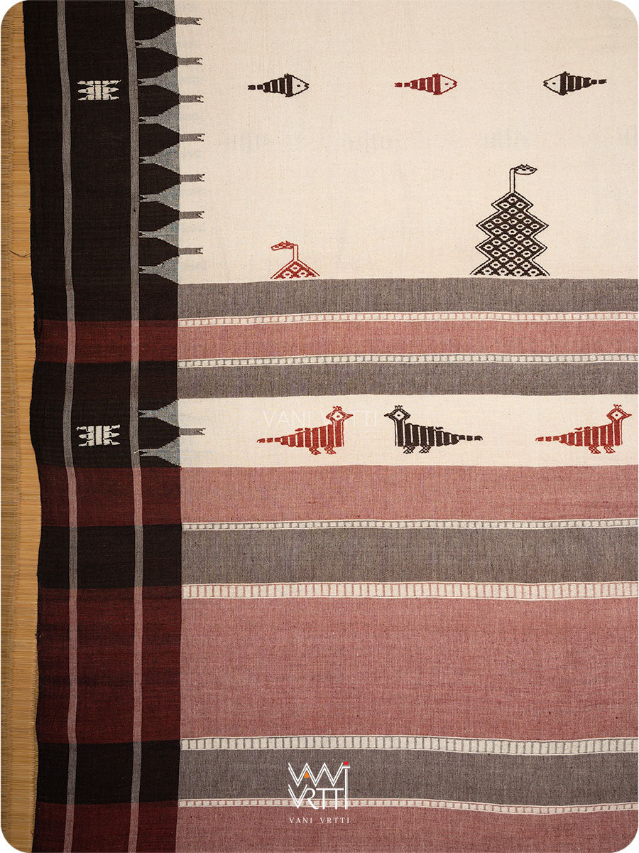 White Black Madder Ganga Jamuna Fish Motif Cotton Kotpad Sari