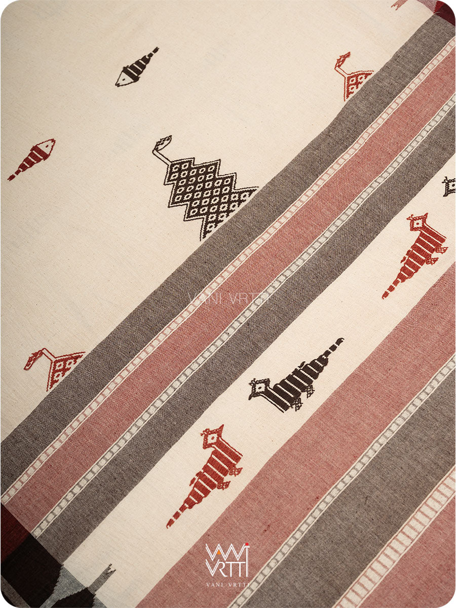 White Black Madder Ganga Jamuna Fish Motif Cotton Kotpad Sari