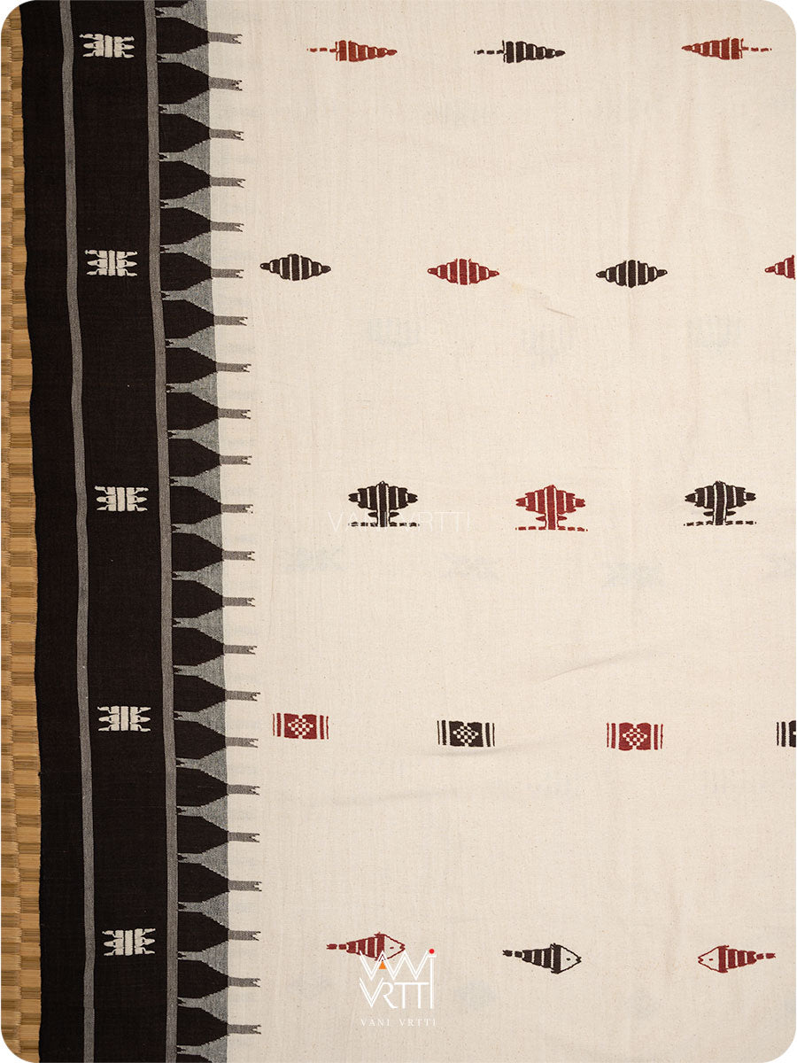 White Black Madder Ganga Jamuna Fish Motif Cotton Kotpad Sari