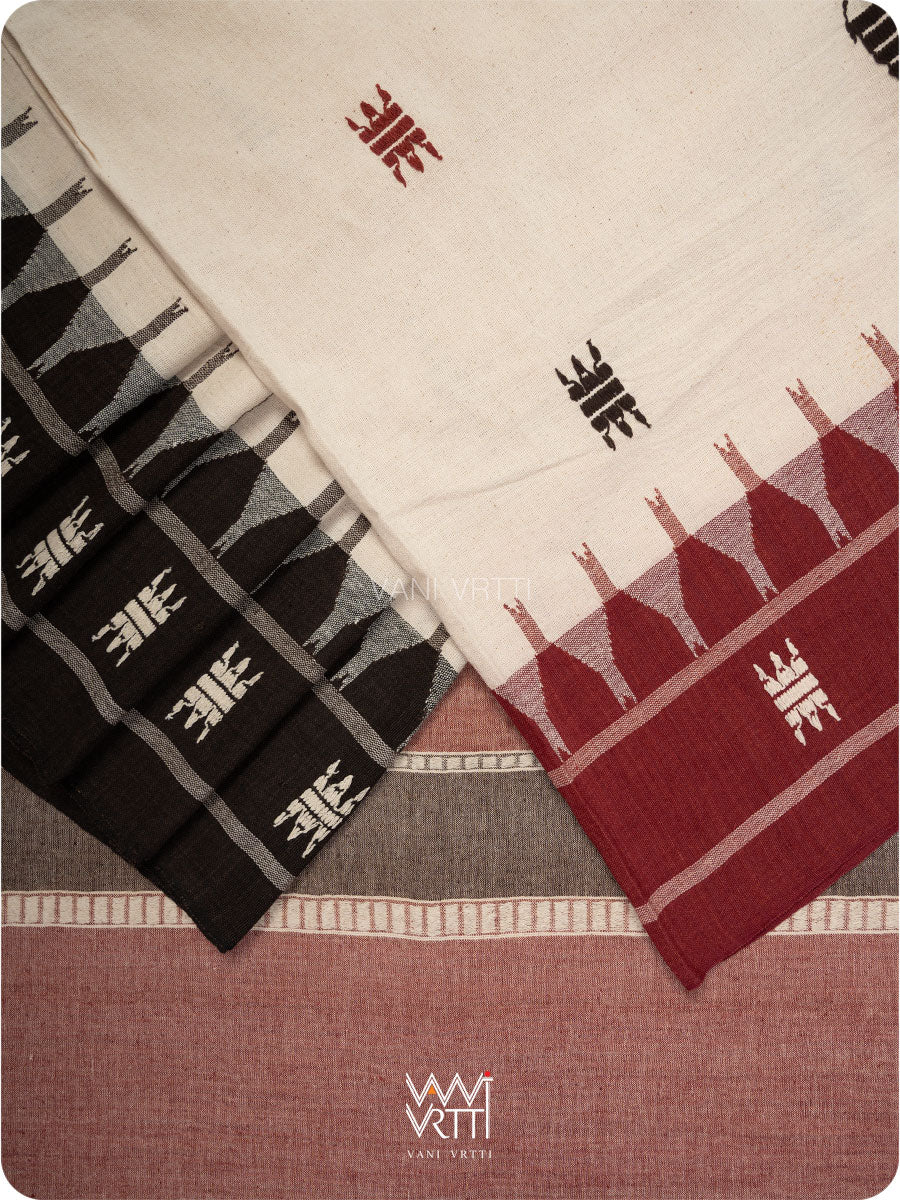 White Black Madder Ganga Jamuna Fish Motif Cotton Kotpad Sari