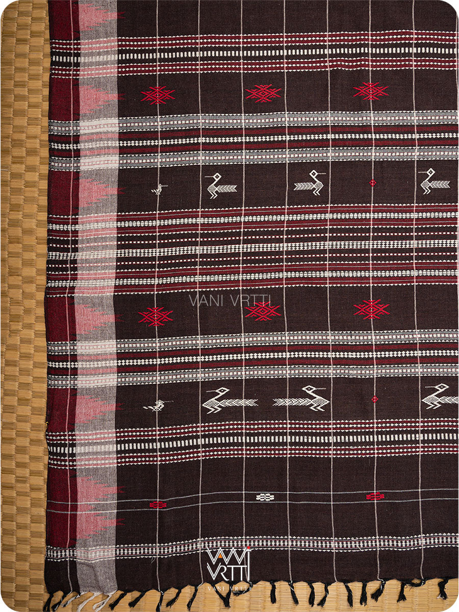 Deep Coffee Checks Peacock Cotton Kotpad Sari