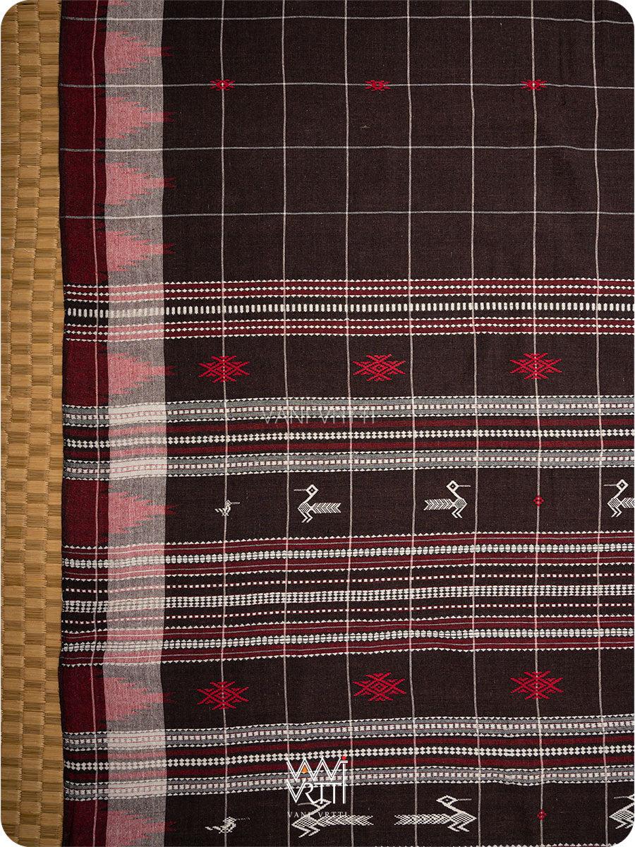 Deep Coffee Checks Peacock Cotton Kotpad Sari