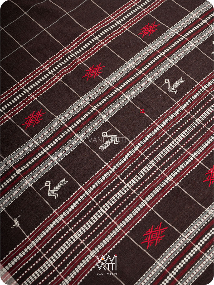 Deep Coffee Checks Peacock Cotton Kotpad Sari