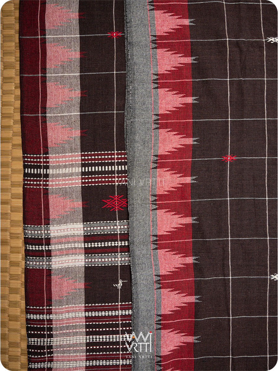 Deep Coffee Checks Peacock Cotton Kotpad Sari