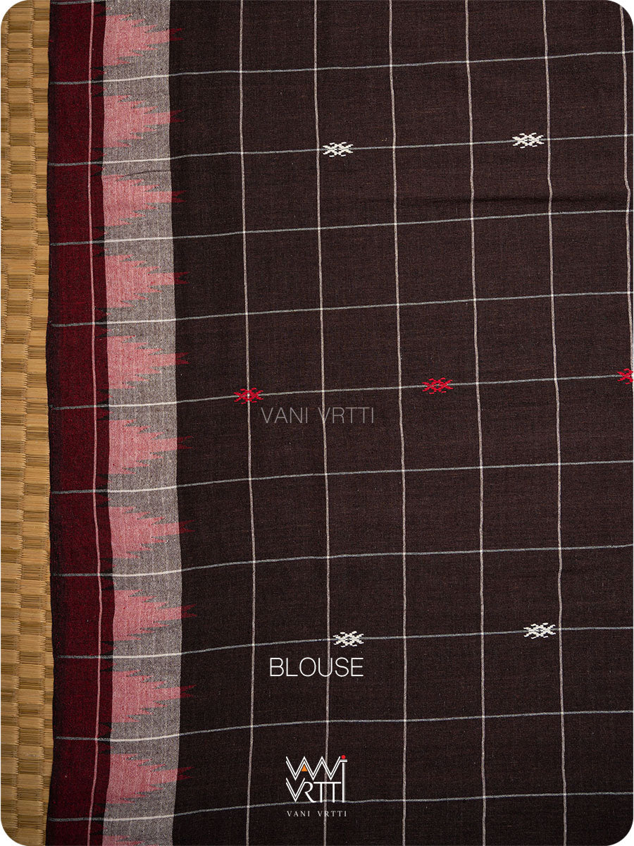 Deep Coffee Checks Peacock Cotton Kotpad Sari