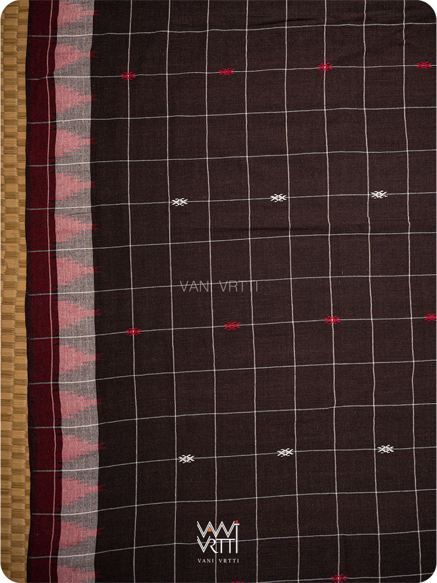 Deep Coffee Checks Peacock Cotton Kotpad Sari