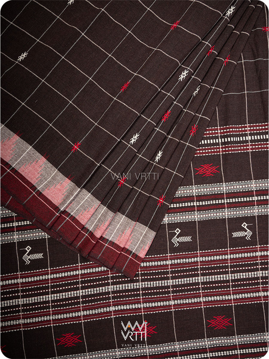 Deep Coffee Checks Peacock Cotton Kotpad Sari