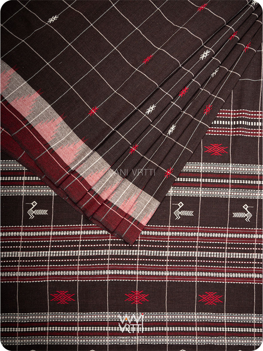 Deep Coffee Checks Peacock Cotton Kotpad Sari