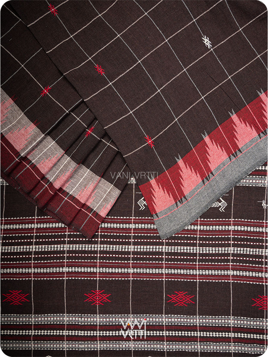 Deep Coffee Checks Peacock Cotton Kotpad Sari