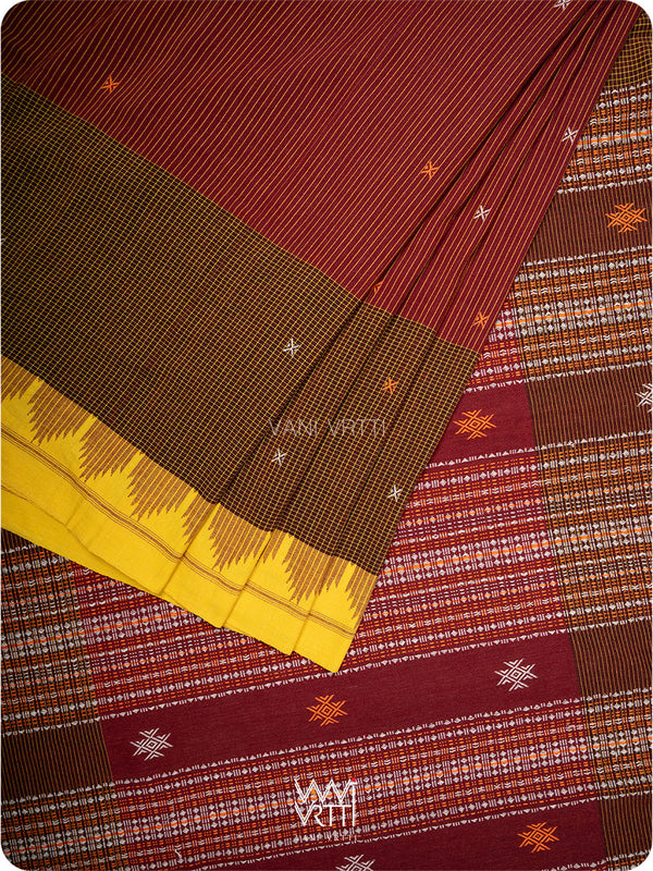 Madder Red Brown Yellow Small Checks Cotton Kotpad Sari