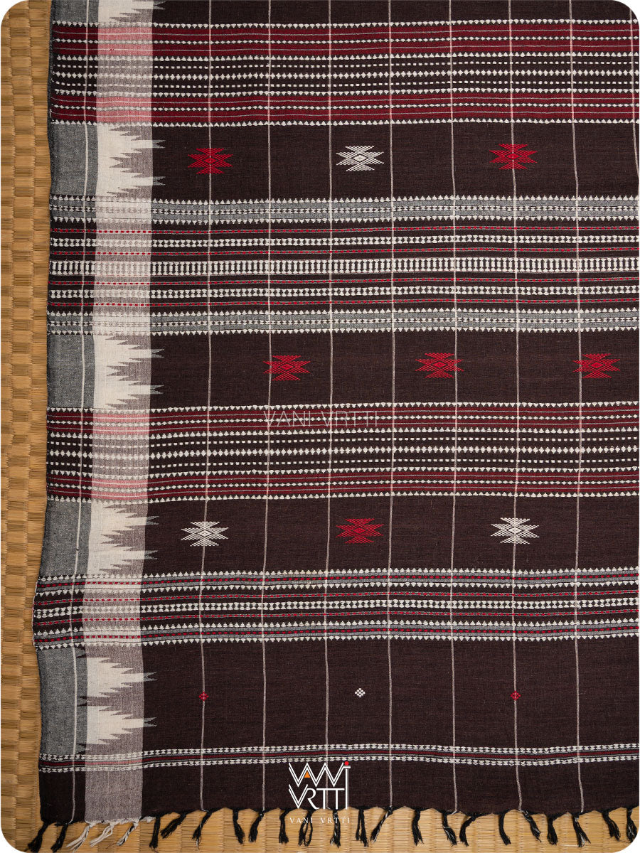Deep Coffee Checks Peacock Cotton Kotpad Sari