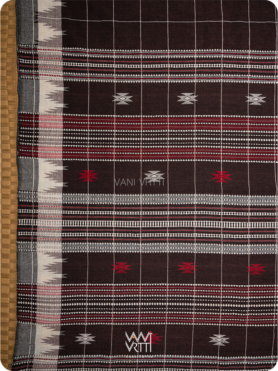 Deep Coffee Checks Peacock Cotton Kotpad Sari