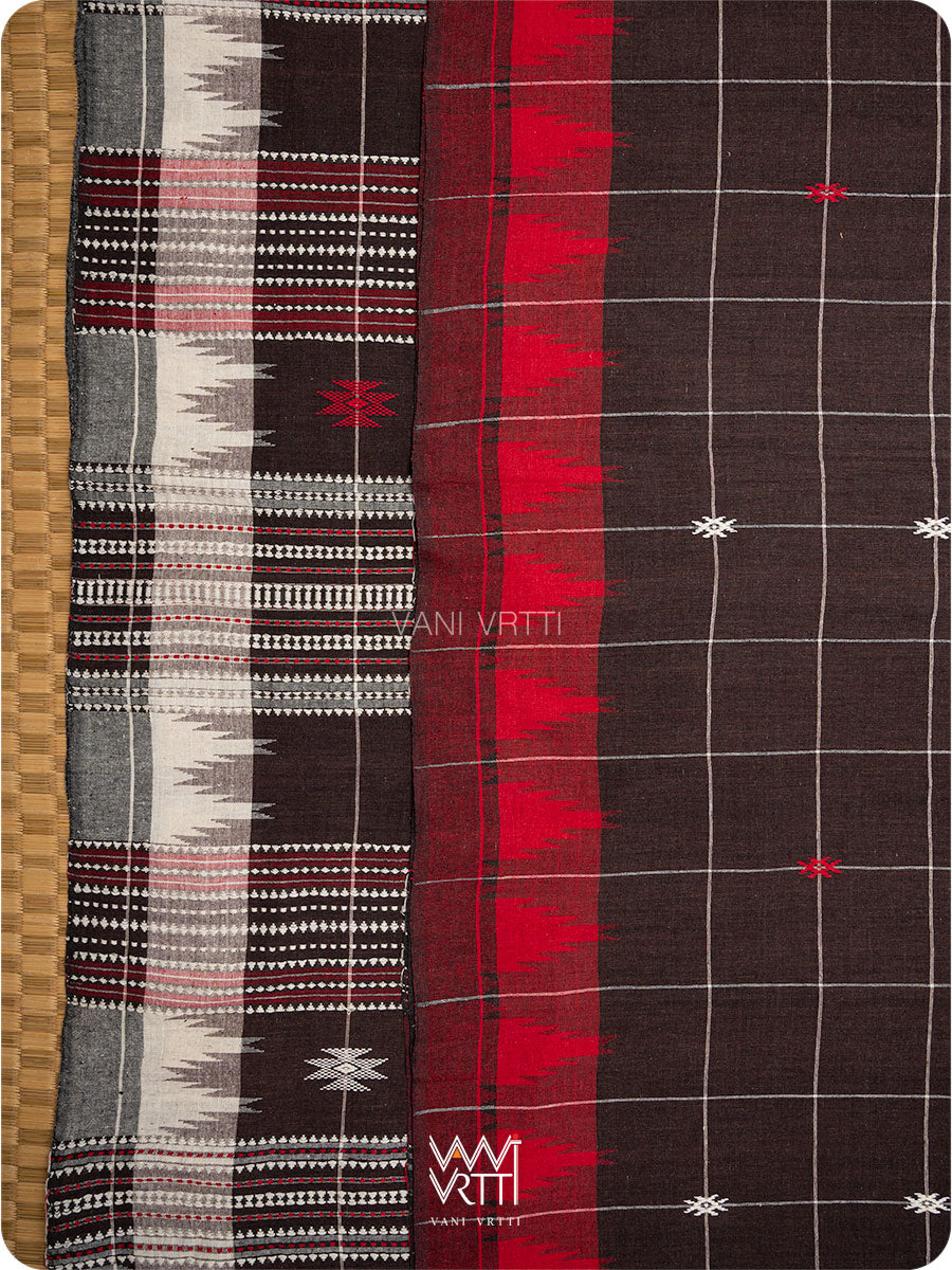 Deep Coffee Checks Peacock Cotton Kotpad Sari