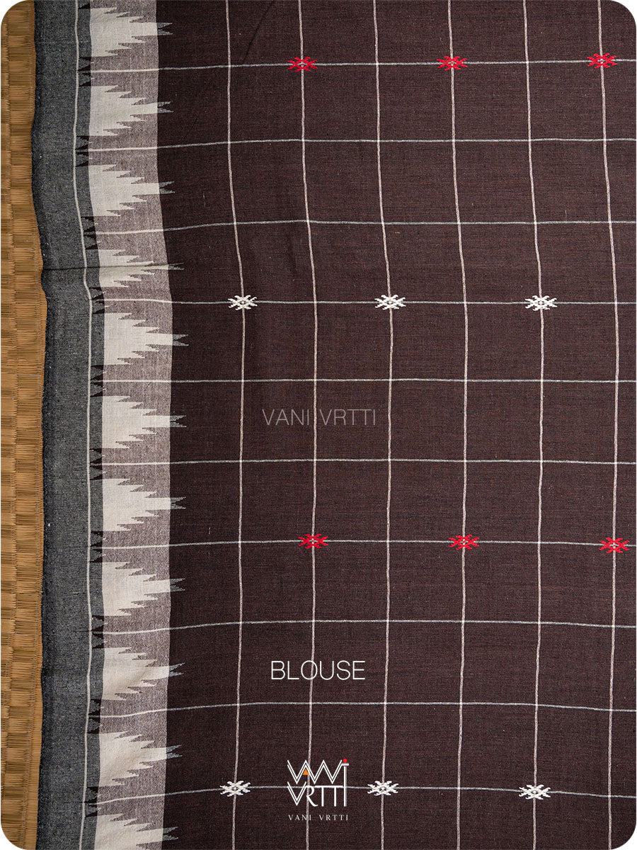 Deep Coffee Checks Peacock Cotton Kotpad Sari