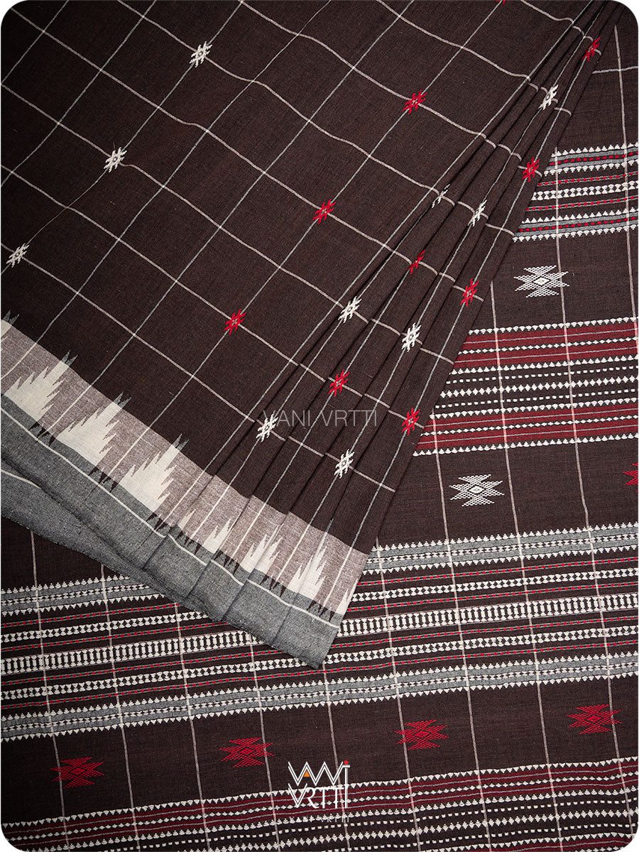 Deep Coffee Checks Peacock Cotton Kotpad Sari