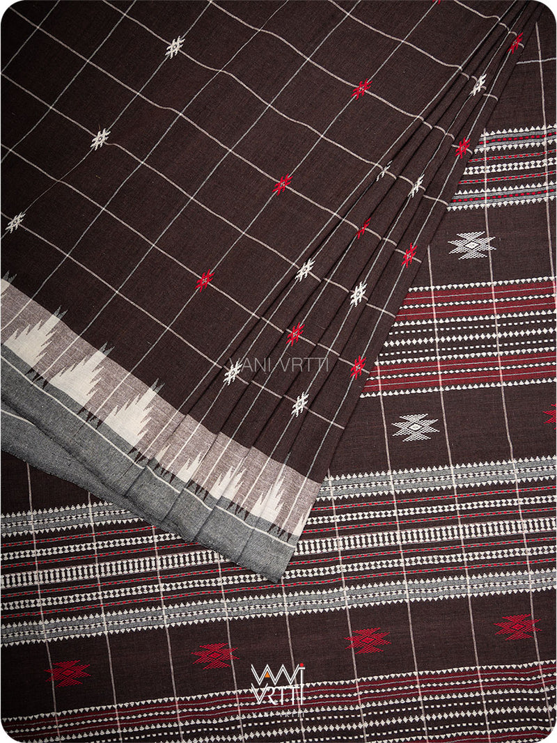 Deep Coffee Checks Peacock Cotton Kotpad Sari