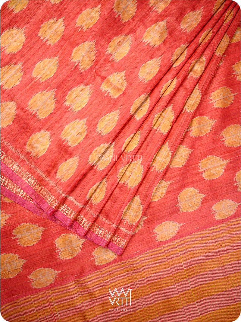Red Peepal Ikat Handspun Tussar Silk Saree