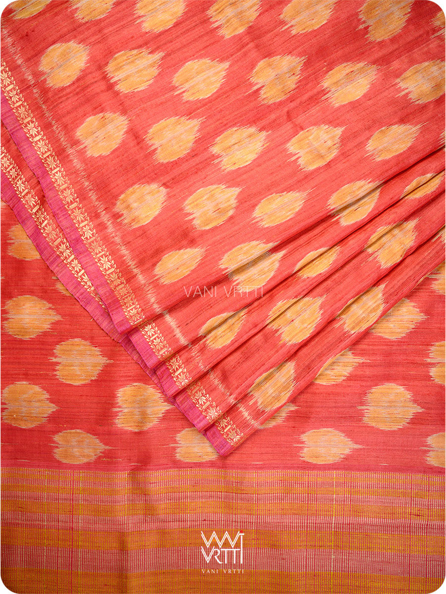 Red Peepal Ikat Handspun Tussar Silk Saree