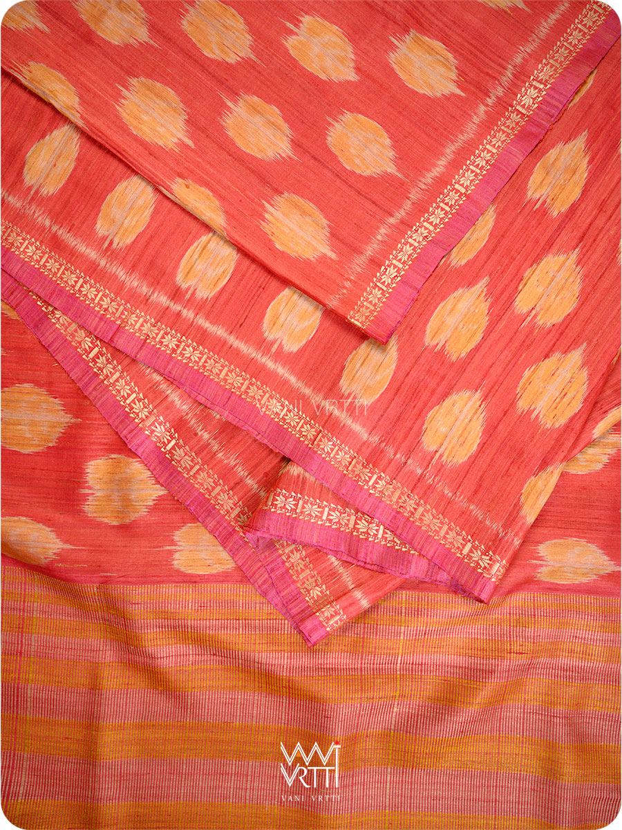 Red Peepal Ikat Handspun Tussar Silk Saree