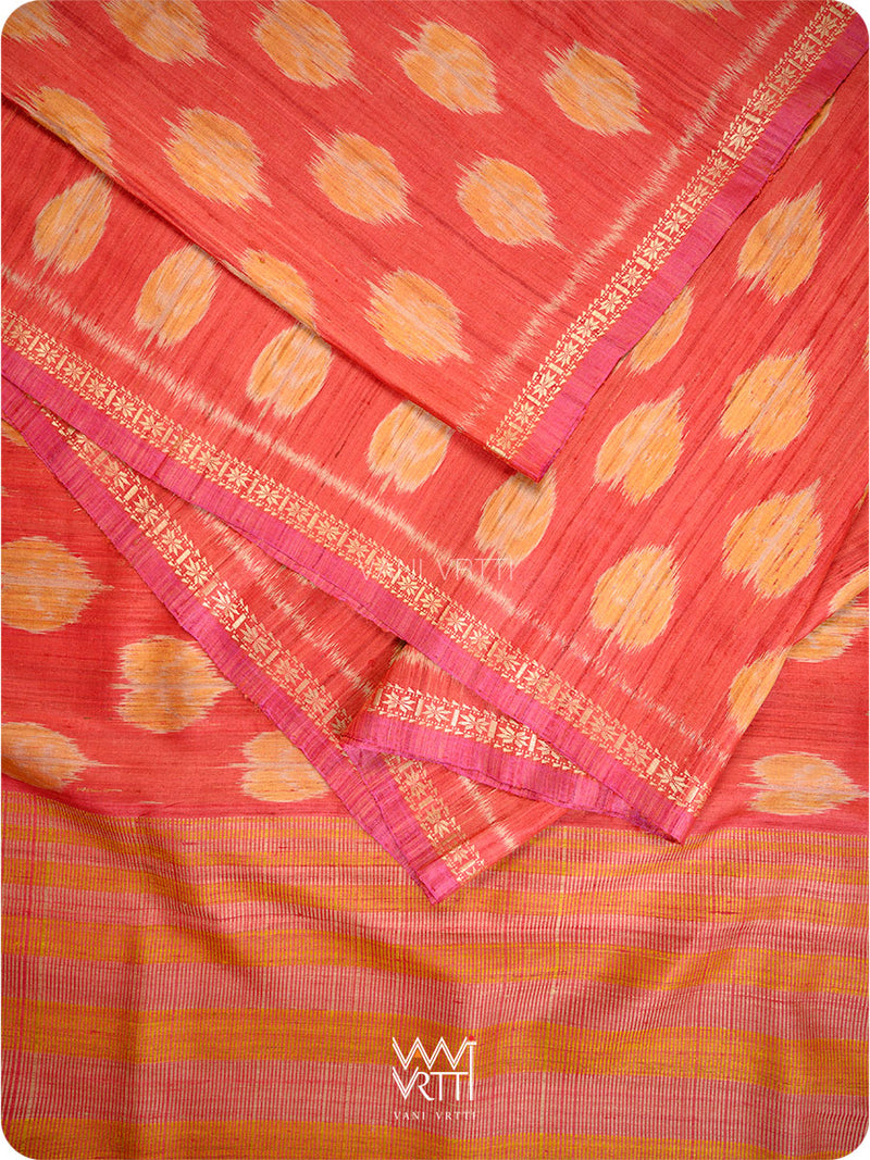 Red Peepal Ikat Handspun Tussar Silk Saree