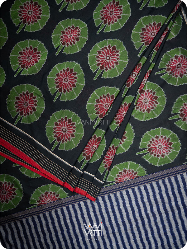 Black Lily Pond Cotton Ikat Saree