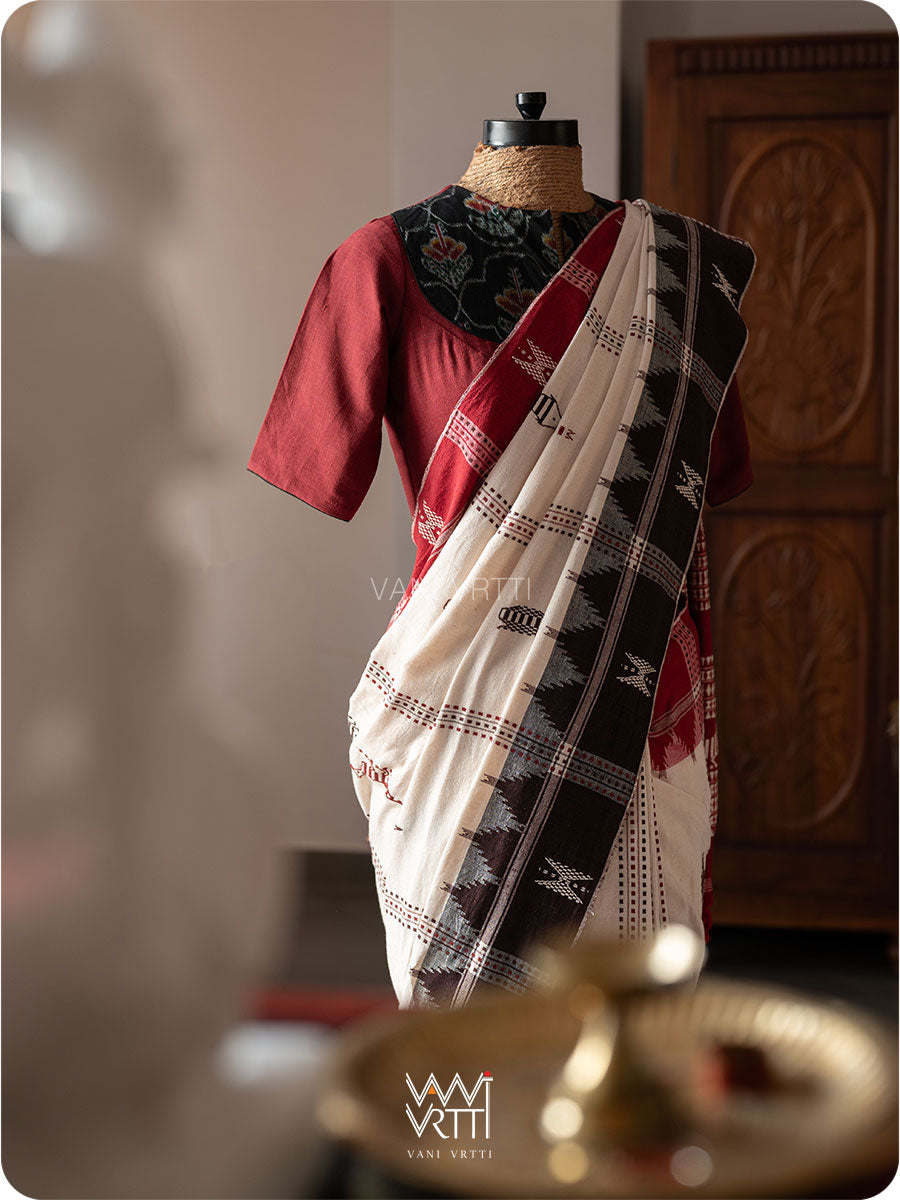 Off White Madder Red Bird Tribal Master Weave Kotpad Sari
