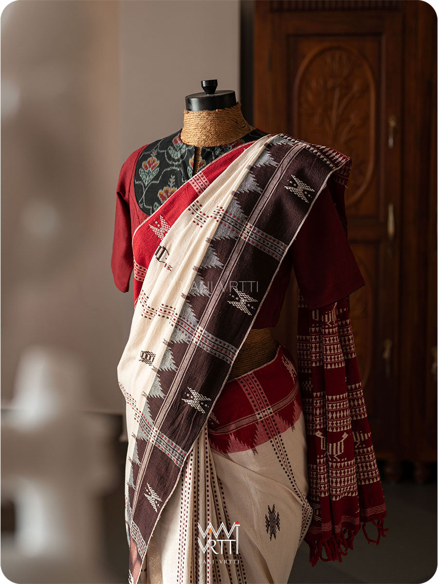 Off White Madder Red Bird Tribal Master Weave Kotpad Sari
