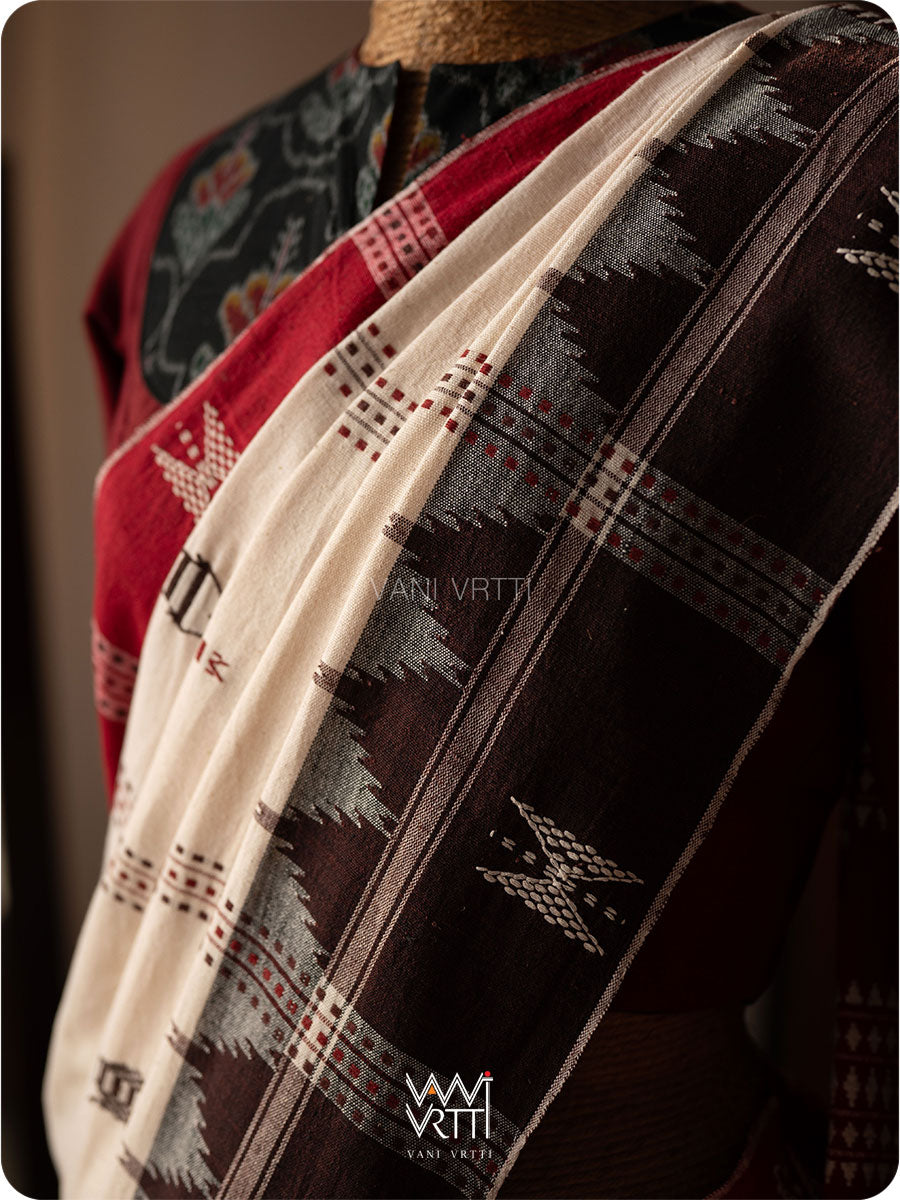 Off White Madder Red Bird Tribal Master Weave Kotpad Sari