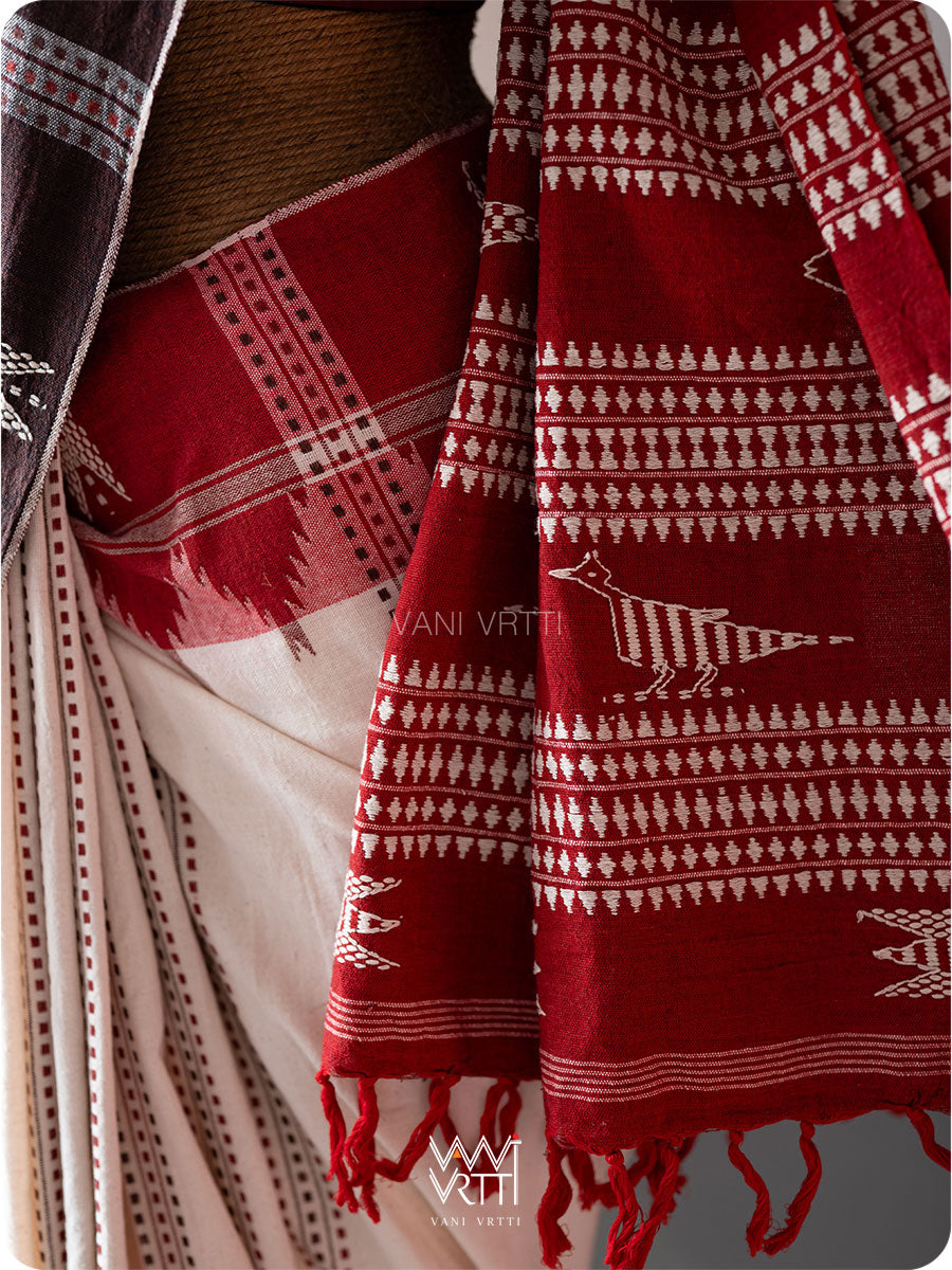 Off White Madder Red Bird Tribal Master Weave Kotpad Sari