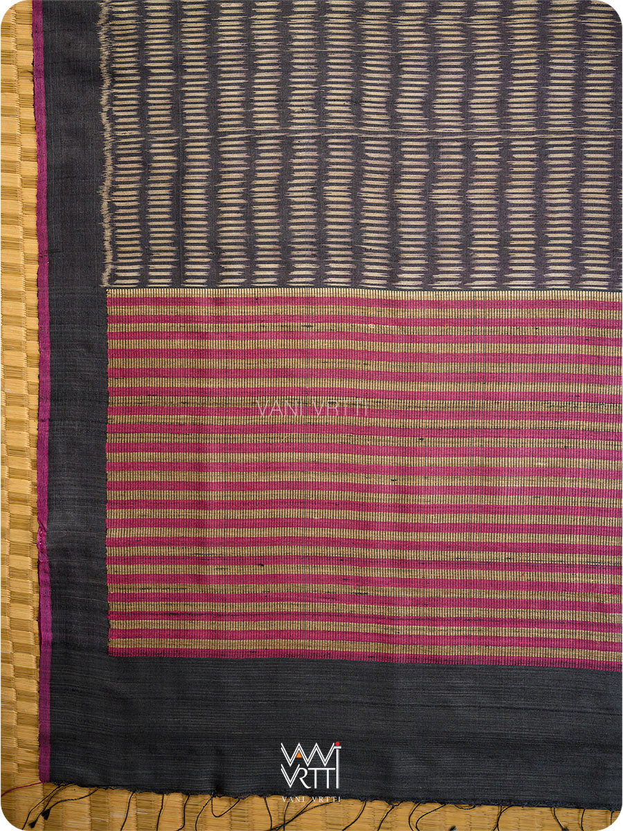 Black Small Manira Ikat Handspun Tussar Silk Saree