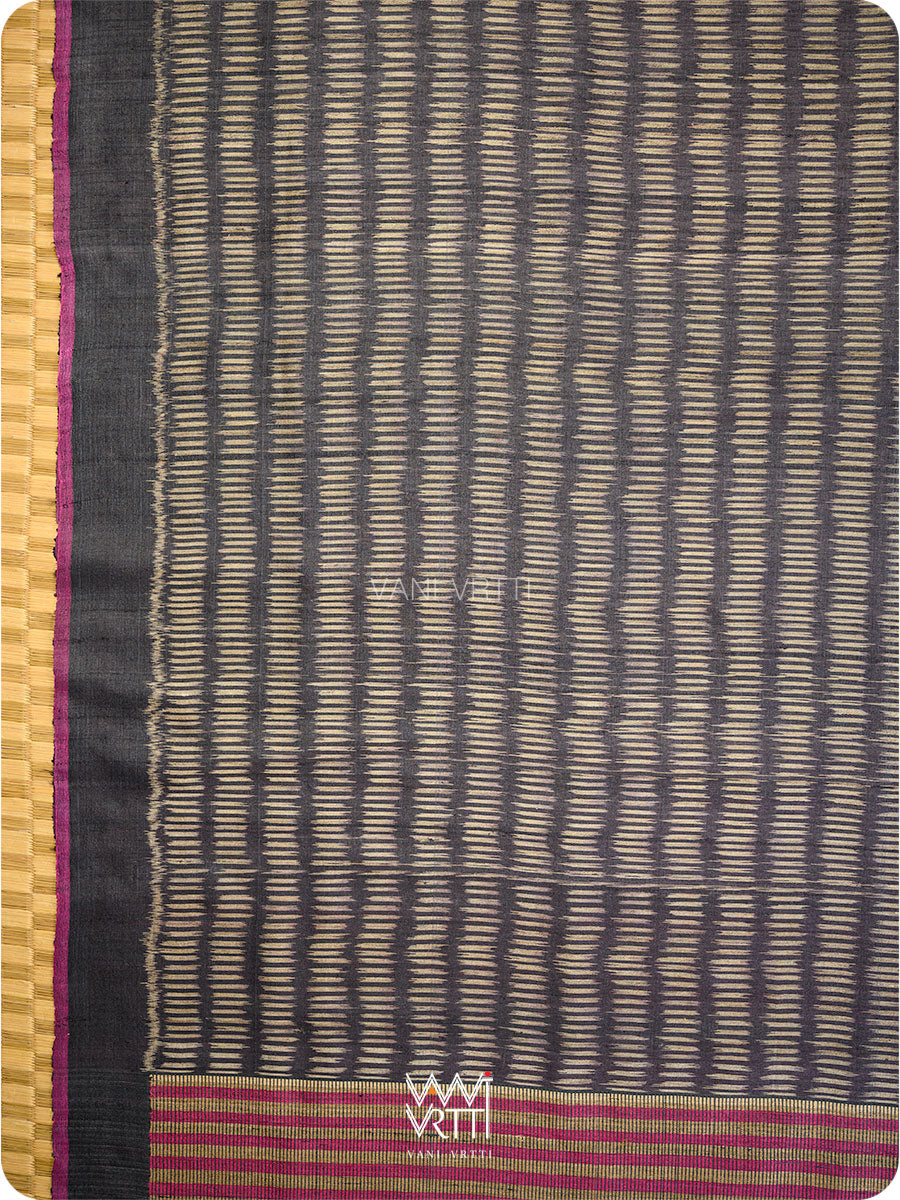 Black Small Manira Ikat Handspun Tussar Silk Saree