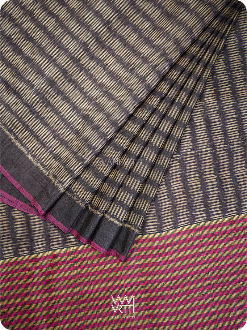 Black Small Manira Ikat Handspun Tussar Silk Saree