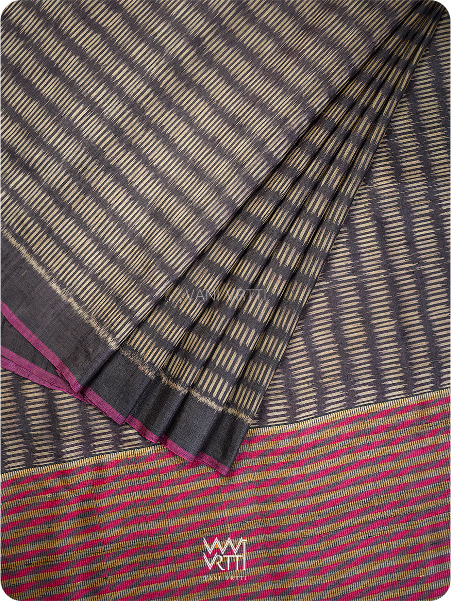 Black Small Manira Ikat Handspun Tussar Silk Saree