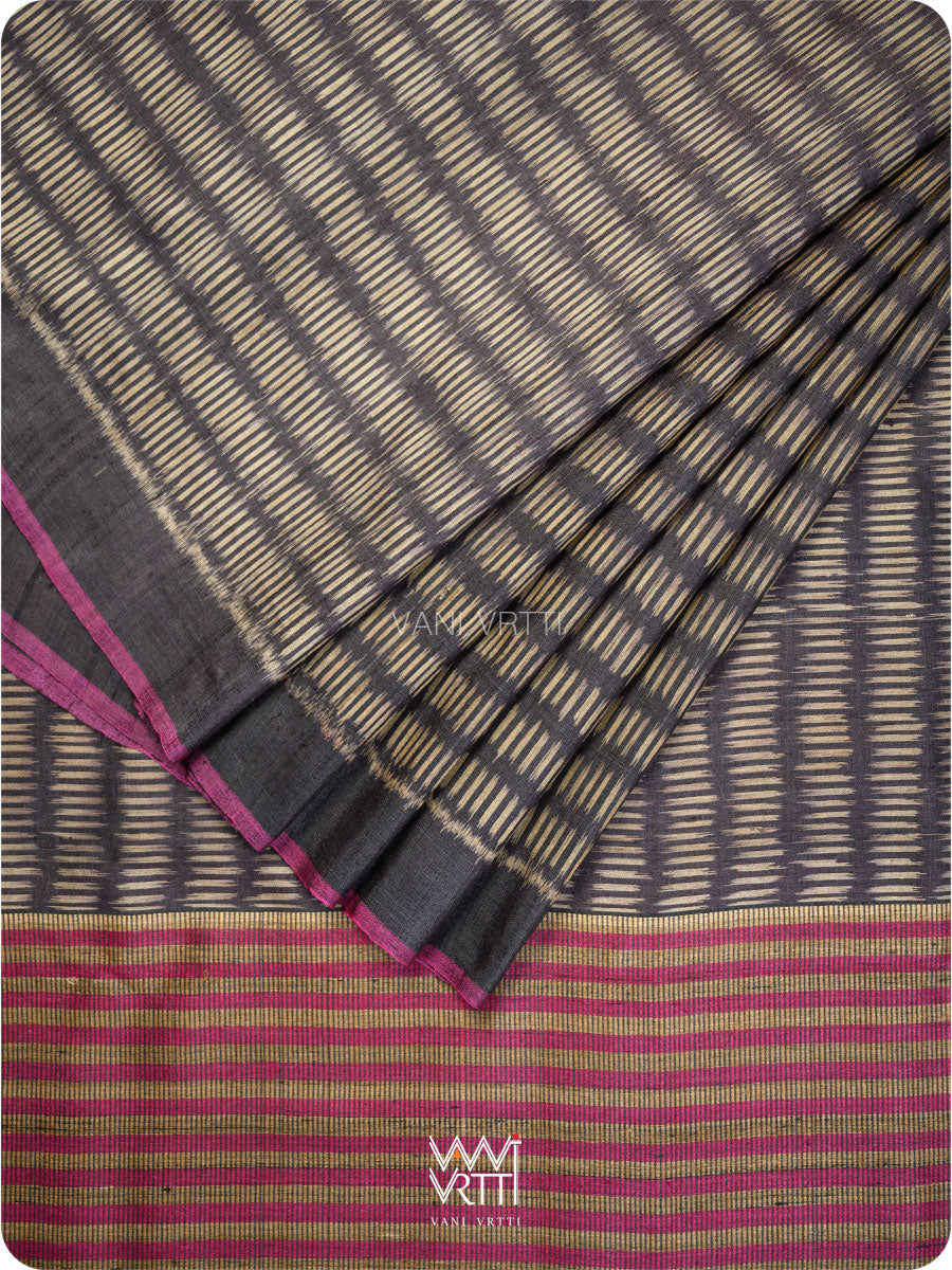 Black Small Manira Ikat Handspun Tussar Silk Saree