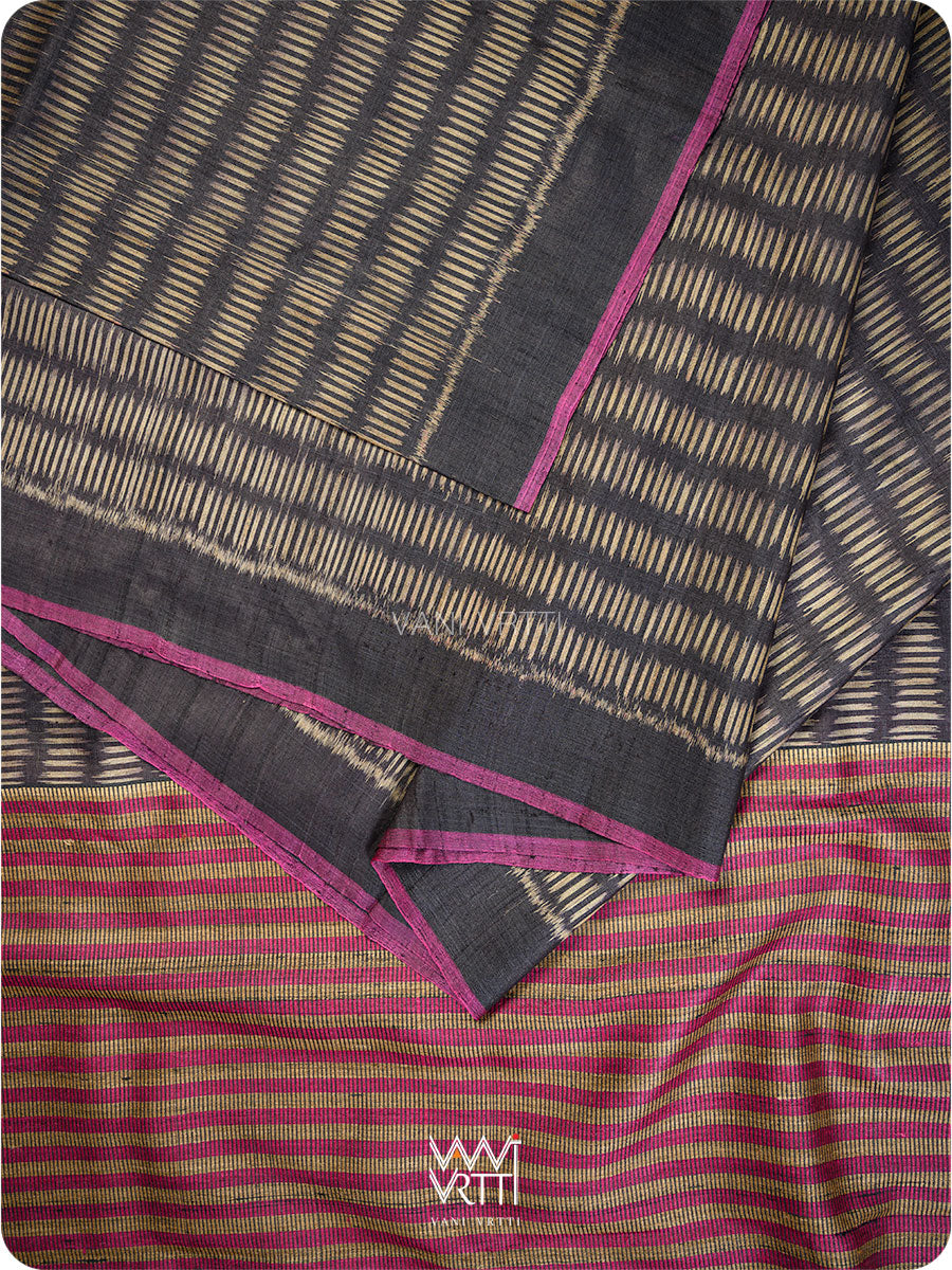 Black Small Manira Ikat Handspun Tussar Silk Saree