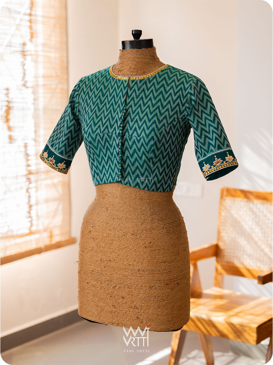 Emerald Green Tree Of Life Zardozi Cotton Ikat Blouse